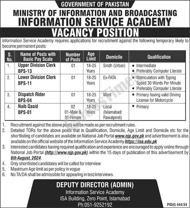 Ministry of Information and Broadcasting Jobs 2024