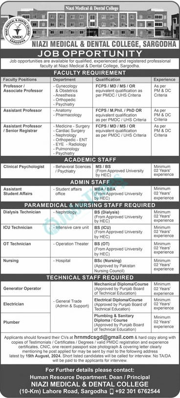 Niazi Medical & Dental College (NMDC) Jobs 2024